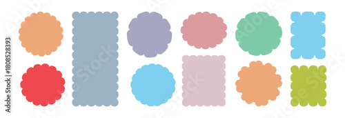 Colorful Geometric shapes with scallop and zigzag edges set. Isolated elements for design of text box, badge, Zig zag edge circle, square, rectangle, round shape collection.