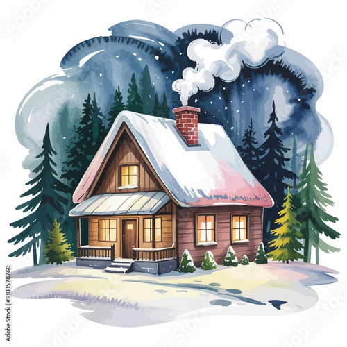 Cozy Snow Covered Cabin in a Winter Forest Scene Keywords: cabin, house, winter, snow, forest