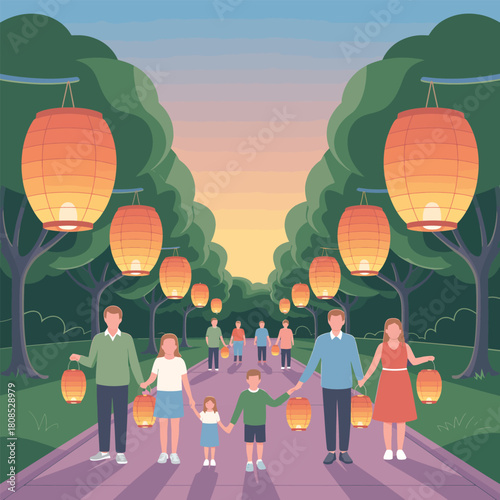 Diverse family holding lanterns walking in a park at dusk graphic design