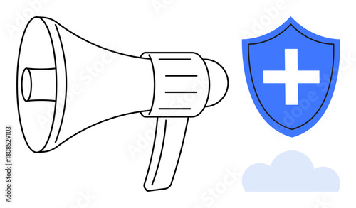 Megaphone symbolizing public announcement alongside shield with health cross, emphasizing safety. Ideal for healthcare, safety, communication, emergency response, protection, awareness, teamwork