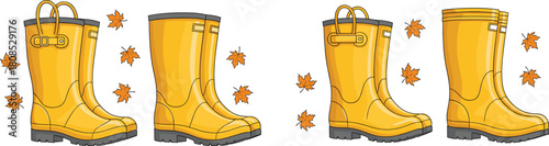 Yellow rain boots illustration, autumn leaves, footwear vector, fall fashion, boot styles, seasonal design, cartoon artwork, outdoor gear