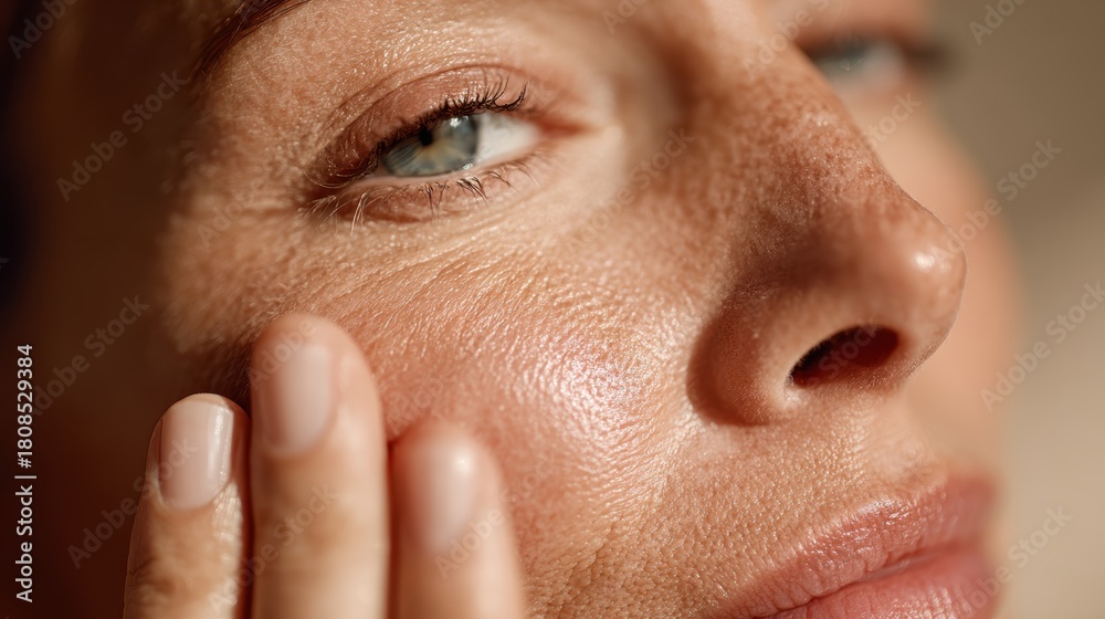 Obraz premium A close-up of a woman's face, highlighting her skin texture and expression, portraying emotions of care and self-reflection.