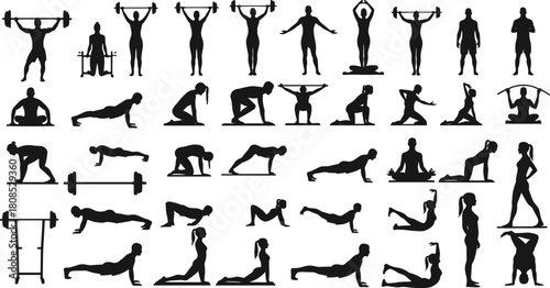 Fitness silhouette, yoga pose, exercise motion, weightlifting figure, stretching stance, plank position, gym workout, black outline, white background, body training