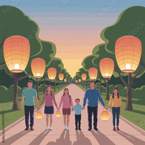 Family holding lanterns walking down a tree-lined path at sunset graphic design