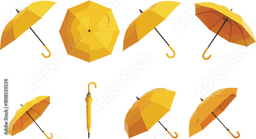 Yellow umbrella illustration, vector set, multiple views, rainy day icon, top view, side view, stylized shading, artwork