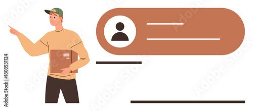 Courier in cap holding a package while gesturing, accompanied by a notification interface design displaying user profile details. Ideal for delivery tracking, logistics, user profiles, communication