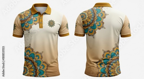 Men's polo shirt mockup featuring luxury teal and gold mandala ornament pattern on beige background showing front and back view isolated.
