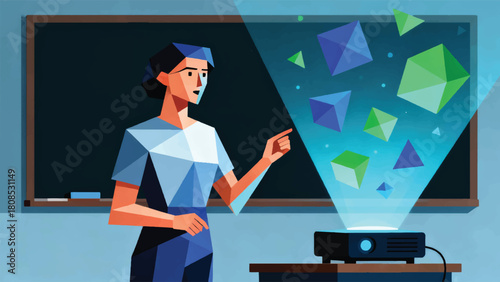 Illustration Of A Teacher Teaching Using A Hologram Projector Vector Design Template