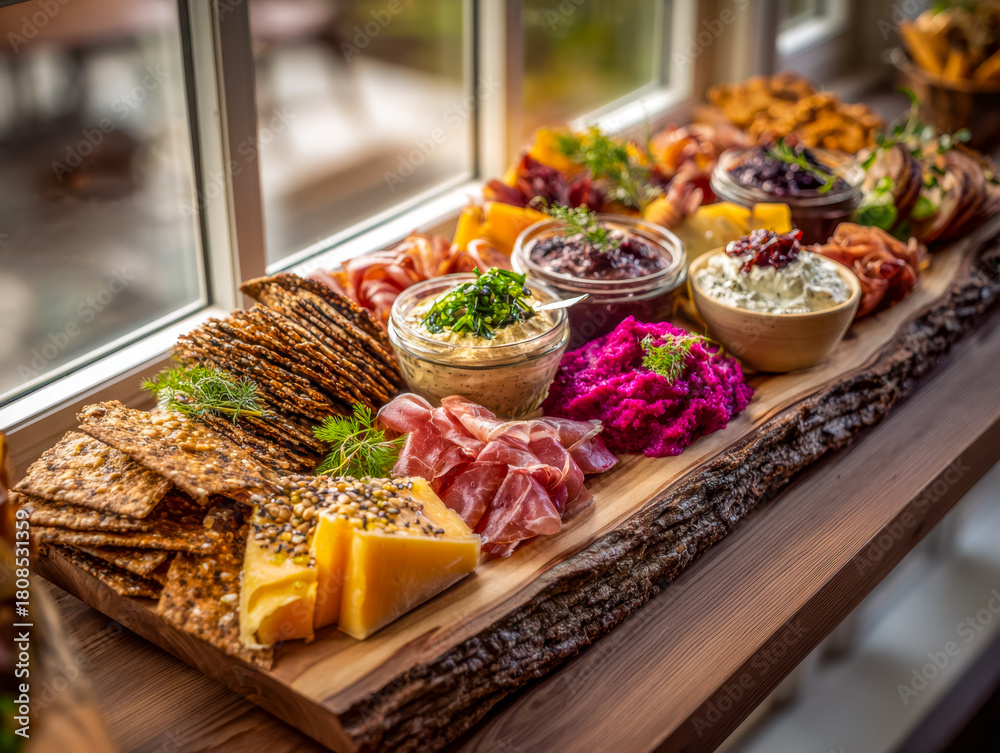 Obraz premium Elegant charcuterie board with cheeses, cured meats, spreads, and colorful accompaniments on a rustic wooden platter