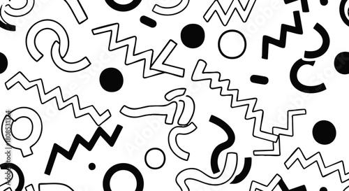 Abstract background featuring a chaotic arrangement of black and white geometric shapes including circles, zigzags, curves, and lines.