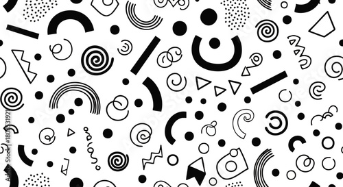 Abstract background featuring a chaotic arrangement of black geometric shapes and lines on a white backdrop.