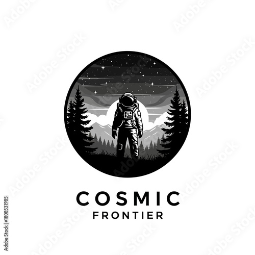 Astronaut standing in a cosmic frontier landscape.