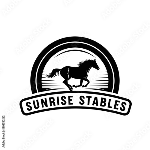 Black and white logo of a running horse in a stable with Sunrise Stables text.