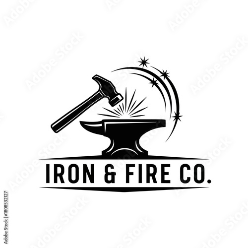 Blacksmith Hammer Striking Anvil Sparks Flying Iron Fire Co Logo.