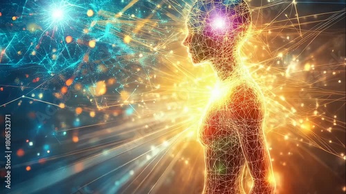 Wireframe human figure pulsing with light and energy with abstract connections, showing a conceptual representation of human connection and innovation.