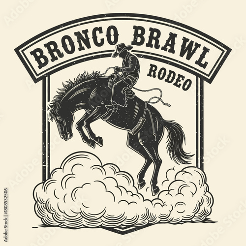 Cowboy riding a bucking bronco in a rodeo event.