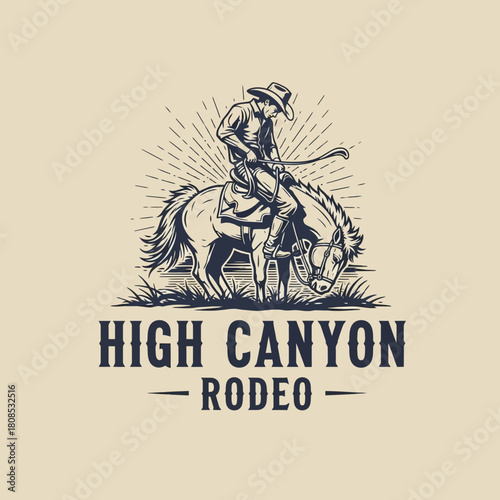 Cowboy Riding Horse Rodeo Emblem Design.