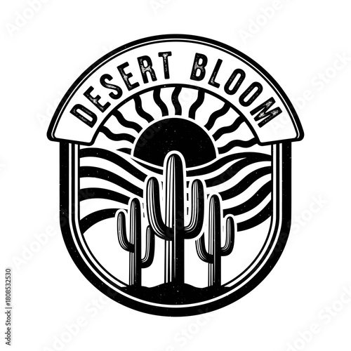 Desert Bloom Vintage Emblem with Cacti and Sun.