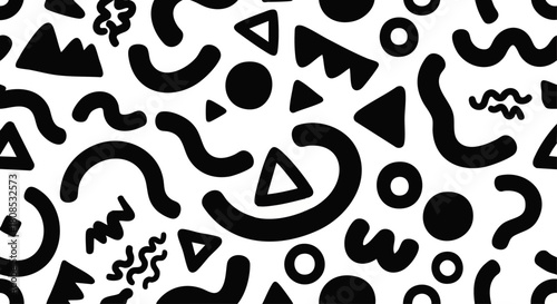 Black and white abstract pattern featuring various shapes, creating a dynamic and visually engaging design.