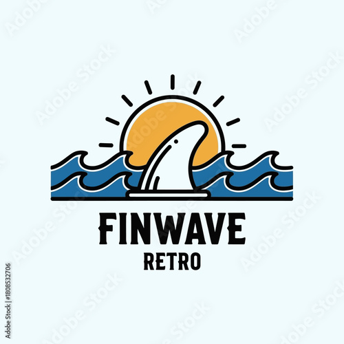 Finwave Retro logo design featuring a shark fin and ocean waves with a sun.