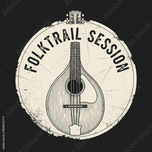 Folk Trail Session Logo with Mandolin Musical Instrument Design.