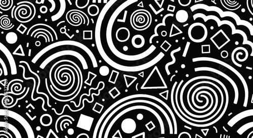 Abstract pattern featuring a dense arrangement of white geometric shapes, including circles, spirals, triangles, squares, and wavy lines, against a black background.