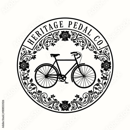 Heritage Pedal Company Bicycle Logo Design with Floral Elements.