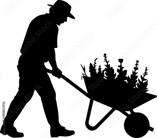 Construction worker pushing a wheelbarrow silhouette