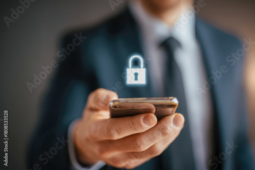 Wallpaper Mural Businessman holding smartphone with glowing lock icon hovering above representing mobile security and data protection in digital communication technology Torontodigital.ca
