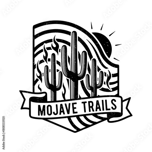 Mojave Trails logo design featuring desert cacti and sun with ribbon banner.