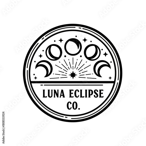 Mystical celestial logo design featuring moon phases and stars.