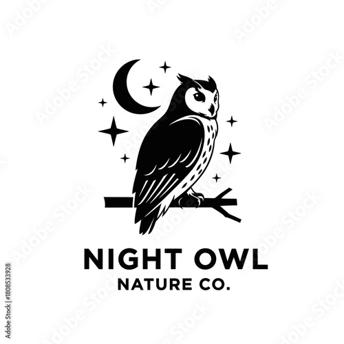 Night Owl Nature Company Logo Depicting Moon Stars and Perched Bird.
