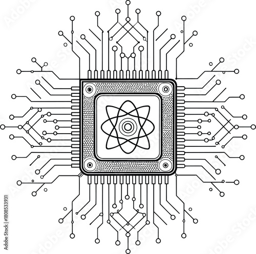 Detailed black and white illustration of a quantum processor with an atom symbol inside chip