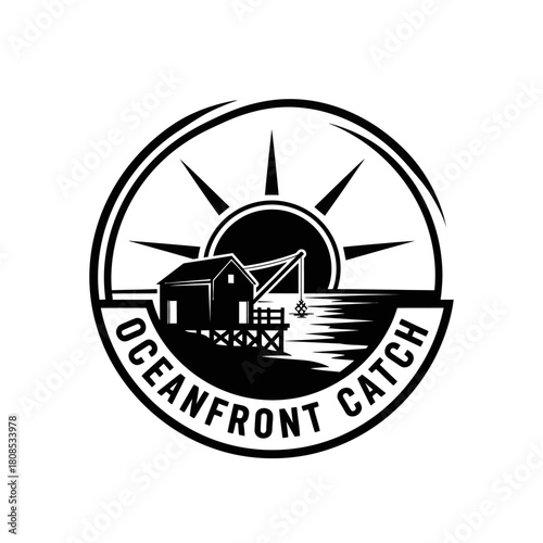Oceanfront Catch Logo Depicting Fishing Shack and Sunrise in Circular Design.