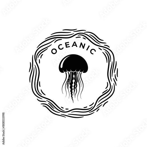 Oceanic Jellyfish Logo - A minimalist design featuring a jellyfish within a circular wave frame.