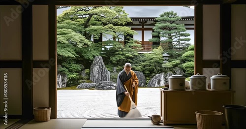 Japanese Buddhist monk sweeping gravel in a Zen garden viewed from a traditional temple interior
