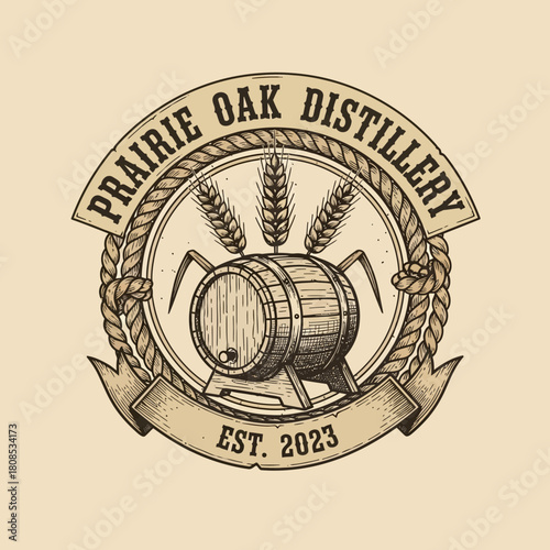 Prairie Oak Distillery logo design with barrel and wheat illustration.