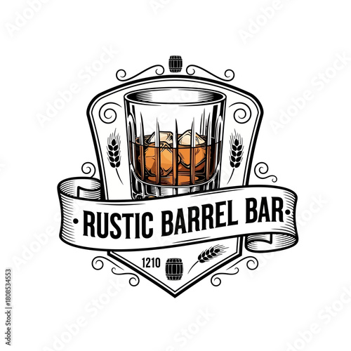Rustic Barrel Bar Logo with Whiskey Glass and Wheat Stalks.