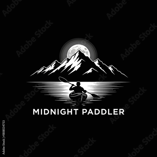Silhouette of a kayaker paddling under the moonlight on a serene lake.