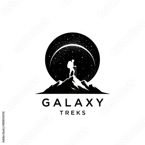Silhouette of a hiker standing atop a mountain peak under a starry galaxy, logo for Galaxy Treks.