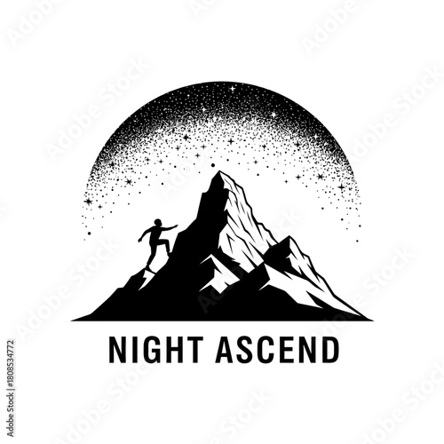 Silhouette Climber Ascending Mountain Under Starry Night Sky.