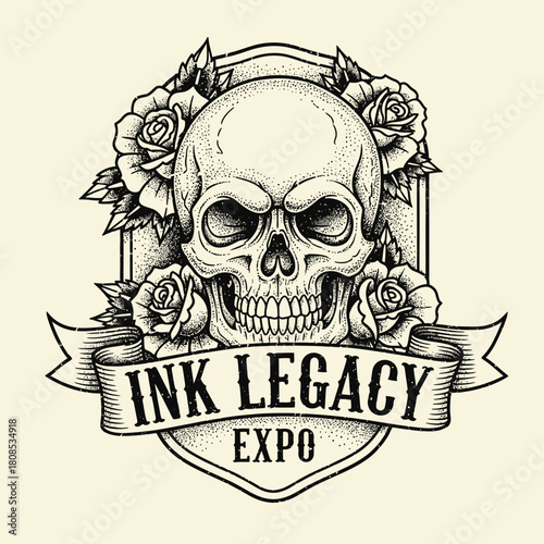Skull and Roses Tattoo Style Design with Ink Legacy Expo Banner.