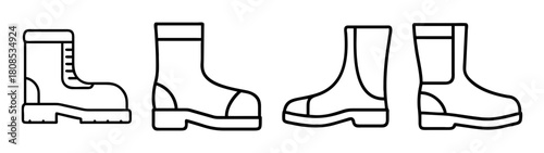 Outline boot icons set, various footwear for work and fashion