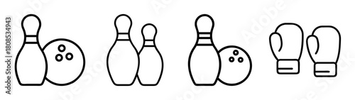 Sports equipment icons set: bowling pin, ball, and boxing gloves