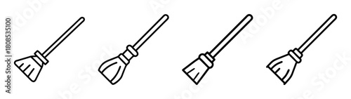 Broomstick icon set for household cleaning and magic concepts