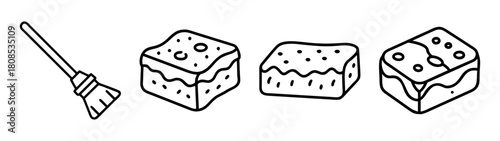 Household cleaning tools line art icon set: broom and three sponges.