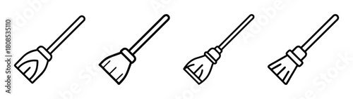 Broom icon set with outline cleaning tool symbols in vector.