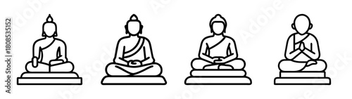 Buddha statue icons set, meditation, spiritual wisdom, zen vector
