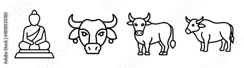 Buddhist idol and zebu cattle icon collection, spiritual symbol