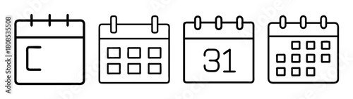 Four distinct calendar outline icons representing dates, time, schedule